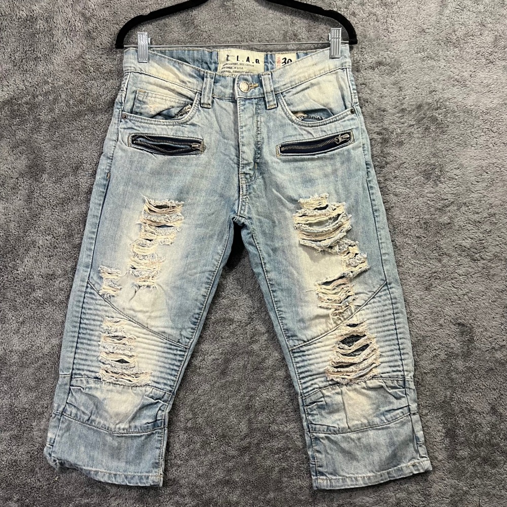 Liberation A Bleu L.A.B. Mens Moto Distressed Denim Shorts Light Wash Blue 30